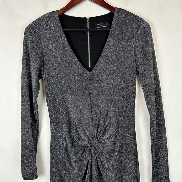 Ted Baker Size 1 US 4 Lizzey Front Twist Sparkle Dress Party Cocktail Black Silv - Picture 3 of 7